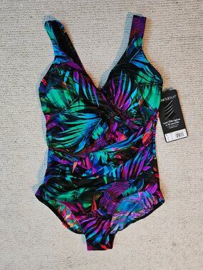 Miraclesuit Oceanus One Piece Swimsuit Palm Print Black Multicolor 16W 16 14 NEW